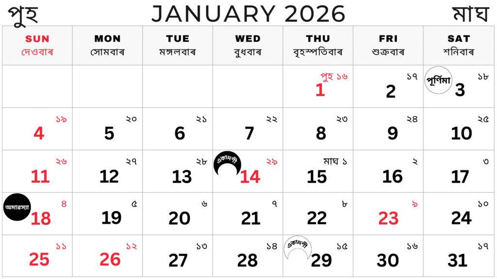 Assamese calendar January 2026